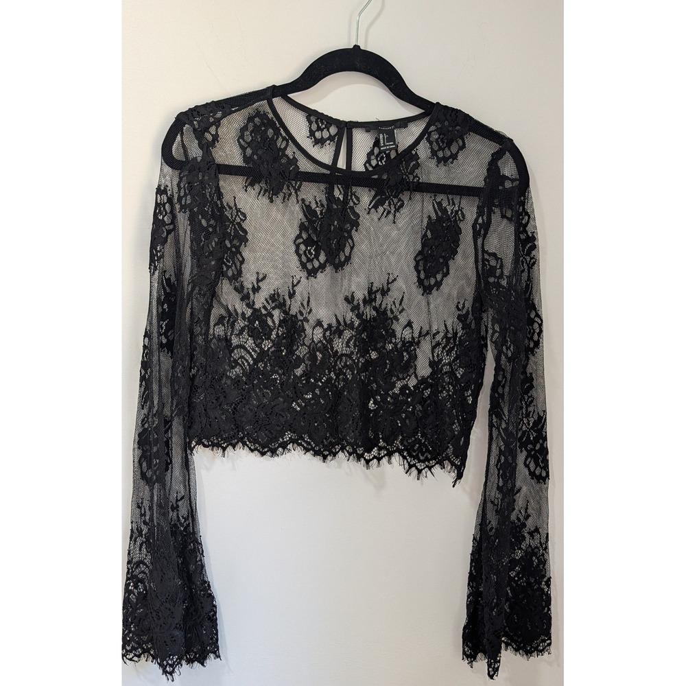 Vtg Forever 21 Large Black Floral Lace Top Sheer Mesh Long Sleeve Whimsigoth